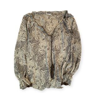 Vintage Y2k Bell Sleeve Top Women’s Ruffle Flare Sheer Brown Paisley Tassel S M‎